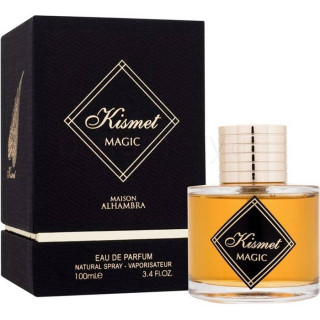Lattafa Perfume Kismet Magic EDP 100 ml — товар и упаковка; очень крупный план; на белом фоне