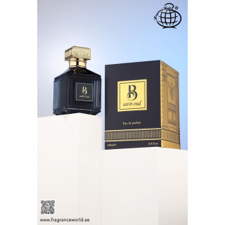 Fragrance World B Satin Oud EDP 100 ml — produkto vaizdas; artimas vaizdas; baltame fone; artimiausias kadras