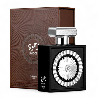 Lattafa Perfume Wajood 100 ml — ambalajul produsului; prim-plan foarte apropiat; pe fundal alb