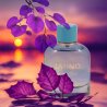 Fragrance World La uno Forever Blue EDP 100 ml — товар в стилизованной композиции; очень крупный план; среди зелени