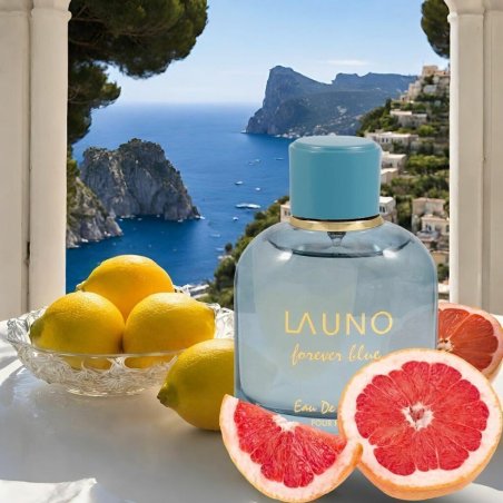 Fragrance World La uno Forever Blue EDP 100 ml — товар в стилизованной композиции; очень крупный план; с ингредиентами аромата