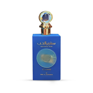 Lattafa Perfume Safeer Al Hub Everlasting Extrait de Parfum 100 ml — produktas ir pakuotė; visa kompozicija; baltame fone