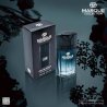 Fragrance World Marque 138 EDP 30 ml — товар в стилизованной композиции; очень крупный план; на тёмном фоне