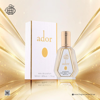 Fragrance World Ador EDP 50 ml — товар и упаковка; очень крупный план; на светлом фоне