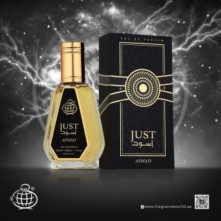 Fragrance World Just Aswad EDP 50 ml — toode ja pakend; väga lähivõte; tumedal taustal