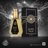 Fragrance World Just Aswad EDP 50 ml — toode ja pakend; väga lähivõte; tumedal taustal