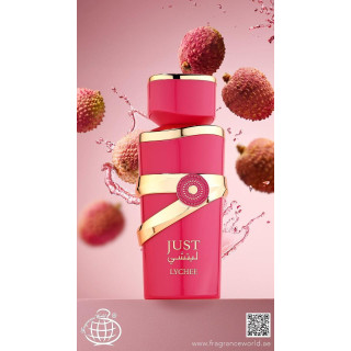 Fragrance World Just Lychee EDP 100 ml — toode ja pakend; lähivaade; lõhna koostisosadega