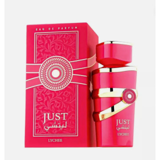 Fragrance World Just Lychee EDP 100 ml — toote pakend; lähivaade; valgel taustal
