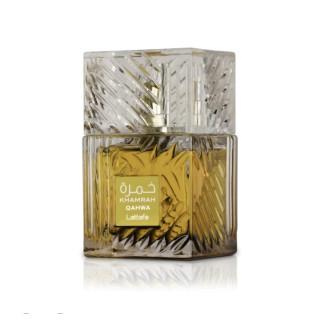 Lattafa Perfume Khamrah Qahwa EDP 100 ml — изглед на продукта; цялостна композиция; на бял фон