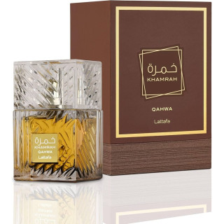 Lattafa Perfume Khamrah Qahwa EDP 100 ml — опаковка на продукта; много близък план; на бял фон