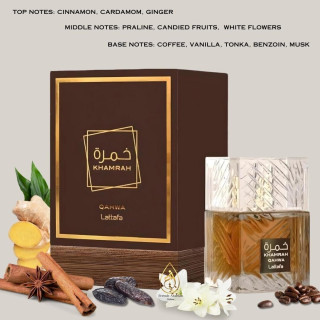 Lattafa Perfume Khamrah Qahwa EDP 100 ml — продукт в стилизирана композиция; много близък план; върху дървена повърхност