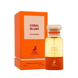Lattafa Perfume Coral Blush EDP 80 ml — товар и упаковка; крупный план; на белом фоне; самый широкий кадр