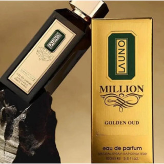 Fragrance World La uno Million Golden Oud EDP 100 ml — упаковка товара; очень крупный план; на белом фоне