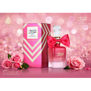 Bint Hooran Rose Passion EDP 100 ml — tuote sommitellussa ympäristössä; erittäin tiukka lähikuva; tuotteen infografiikka