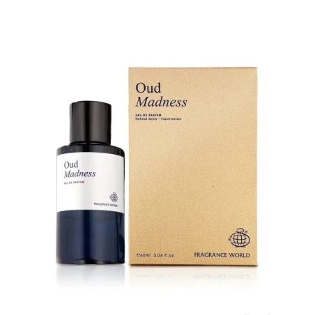 Fragrance World Oud Madness EDP 60 ml — product en verpakking; volledige compositie; op een witte achtergrond