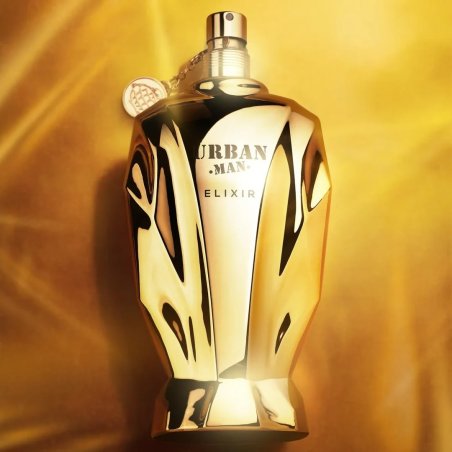 Fragrance World Urban Man Elixir EDP 90 ml — изображение товара; очень крупный план; на цветном фоне