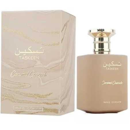 Paris Corner Taskeen Caramel Cascade EDP 100 ml — товар и упаковка; очень крупный план; на белом фоне