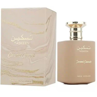 Paris Corner Taskeen Caramel Cascade EDP 100 ml — товар и упаковка; очень крупный план; на белом фоне