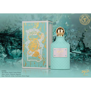 Lattafa Perfume Anoud EDP 100 ml — produktvisning; meget tæt nærbillede; informationsgrafik for produktet