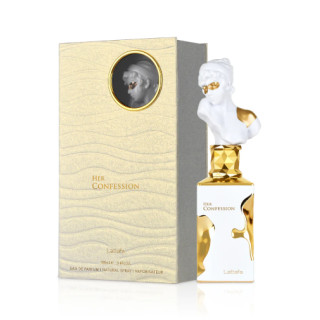 Lattafa Perfume Her Confession EDP 100 ml — Produktverpackung; vollständige Komposition; auf weißem Hintergrund