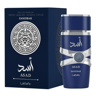 Lattafa Perfume Asad Zanzibar EDP 100 ml — упаковка товара; очень крупный план; на белом фоне