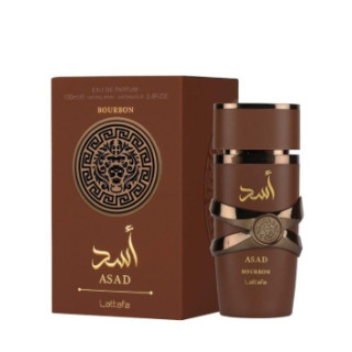 Lattafa Perfume Asad Bourbon EDP 100 ml — товар и упаковка; полная композиция; на белом фоне