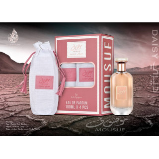 Lattafa Perfume Mousuf Daisy EDP 100 ml — продукт в стилизирана композиция; много близък план; на бял фон