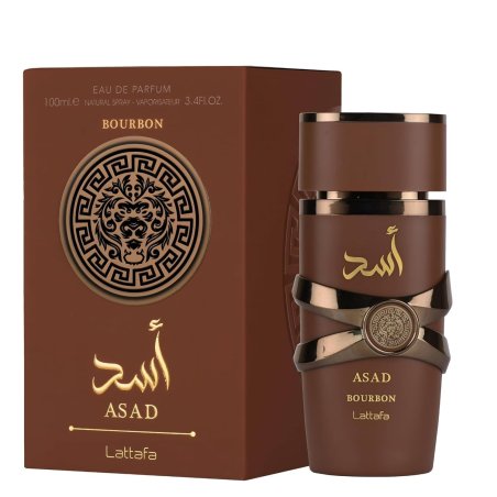 Lattafa Perfume Asad Bourbon EDP 100 ml — упаковка товара; очень крупный план; на белом фоне; самый широкий кадр