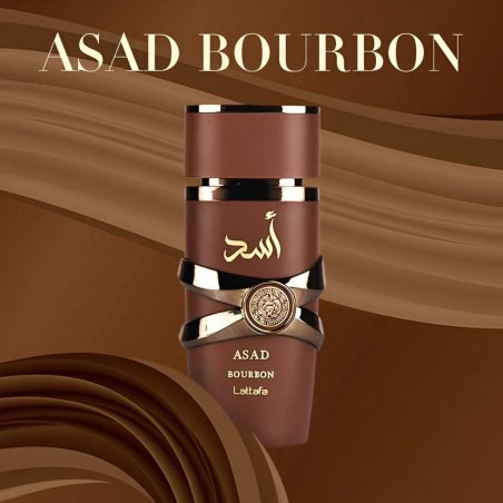 Lattafa Perfume Asad Bourbon EDP 100 ml — изображение товара; крупный план; на тёмном фоне