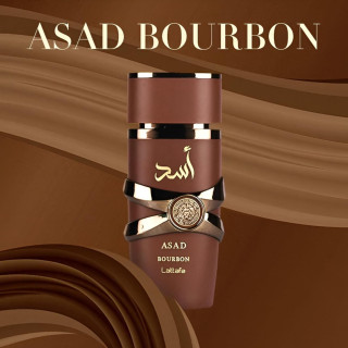 Lattafa Perfume Asad Bourbon EDP 100 ml — изображение товара; крупный план; на тёмном фоне