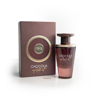 Fragrance World Chocola Addict EDP 100 ml — product en verpakking; volledige compositie; op een witte achtergrond