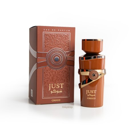 Fragrance World Just Choco EDP 100 ml — товар и упаковка; полная композиция; на белом фоне