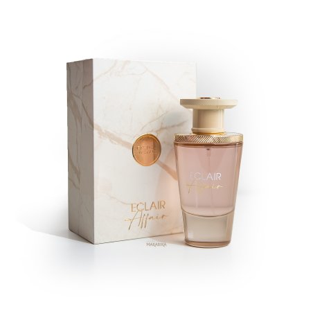 Fragrance World Eclair Affair EDP 100 ml — produktas ir pakuotė; visa kompozicija; baltame fone