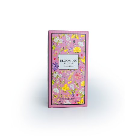 Fragrance World Blooming Flower Gardenia EDP 100 ml — toote pakend; täiskompositsioon; valgel taustal