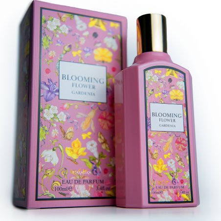 Fragrance World Blooming Flower Gardenia EDP 100 ml — toode ja pakend; väga lähivõte; valgel taustal