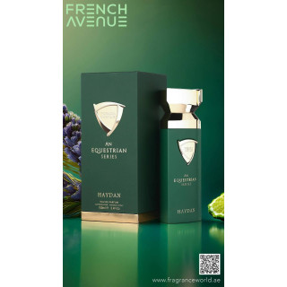 Fragrance World An Equestrian Series Haydan EDP 100 ml — упаковка товара; очень крупный план; на белом фоне