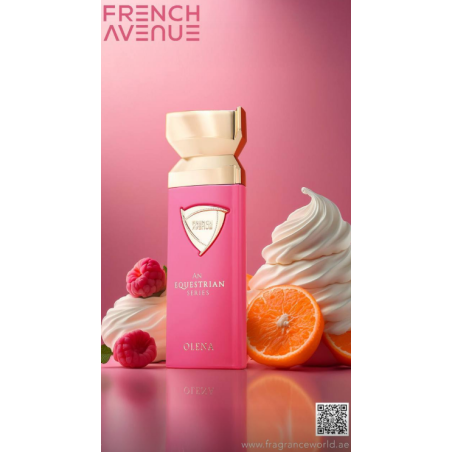 Fragrance World An Equestrian Series Olena EDP 100 ml — producto y embalaje; primer plano; con ingredientes de la fragancia