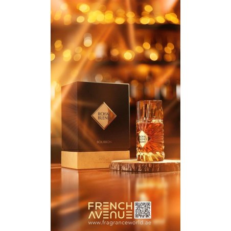 Fragrance World Royal Blend Bourbon EDP 100 ml — productverpakking; zeer nabije close-up; op een tafel