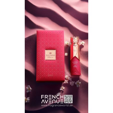 Fragrance World Sultana The Joyful EDP 80 ml — Produktverpackung; sehr nahe Detailaufnahme; auf weißem Hintergrund