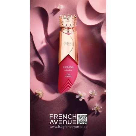 Fragrance World Sultana The Joyful EDP 80 ml — Produktansicht; sehr nahe Detailaufnahme; auf weißem Hintergrund