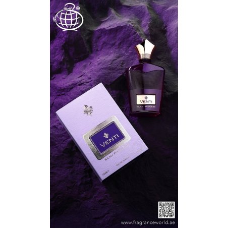 Fragrance World Venti Silky Princess EDP 100 ml — toode stiliseeritud keskkonnas; väga lähivõte; valgel taustal