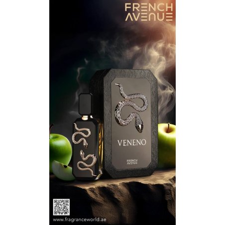 Fragrance World Veneno EDP 100 ml — продукт и опаковка; много близък план; на бял фон