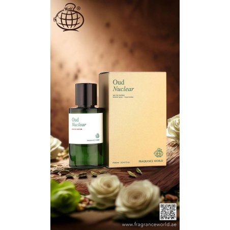 Fragrance World Oud Nuclear EDP 60 ml — товар в стилизованной композиции; крупный план; с цветами; самый широкий кадр