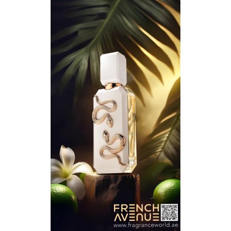 Fragrance World Veneno Bianco EDP 100 ml — товар в стилизованной композиции; крупный план; на белом фоне