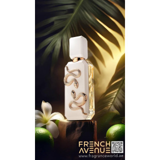 Fragrance World Veneno Bianco EDP 100 ml — товар в стилизованной композиции; крупный план; на белом фоне