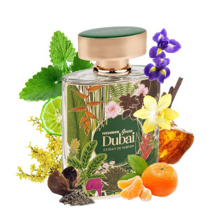 Al Haramain Green Dubai Extrait Extrait de Parfum 100 ml — продукт в стилизирана композиция; близък план; на бял фон