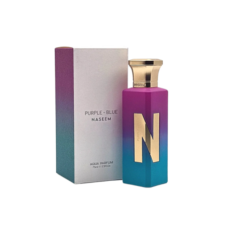 Naseem Purple Blue Aqua EDP 75 ml — товар и упаковка; полная композиция; на белом фоне