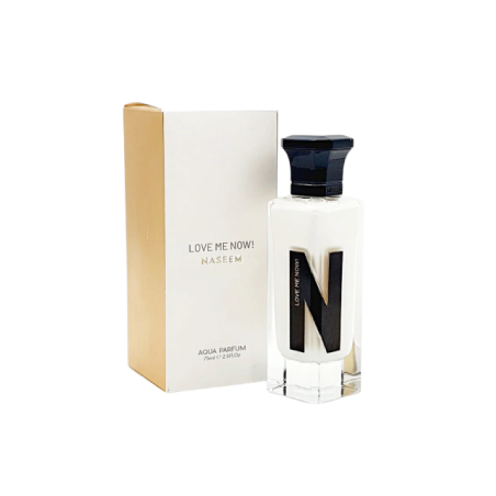 Naseem Love Me Now Aqua EDP 75 ml — товар и упаковка; широкая композиция; на белом фоне