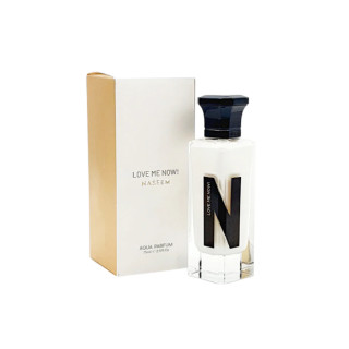 Naseem Love Me Now Aqua EDP 75 ml — товар и упаковка; широкая композиция; на белом фоне