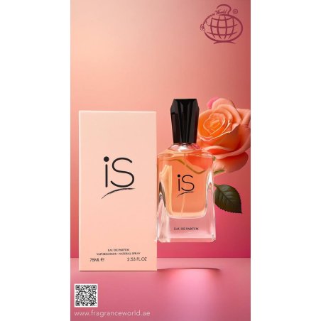 Fragrance World IS EDP 75 ml — товар в стилизованной композиции; очень крупный план; с цветами; самый широкий кадр